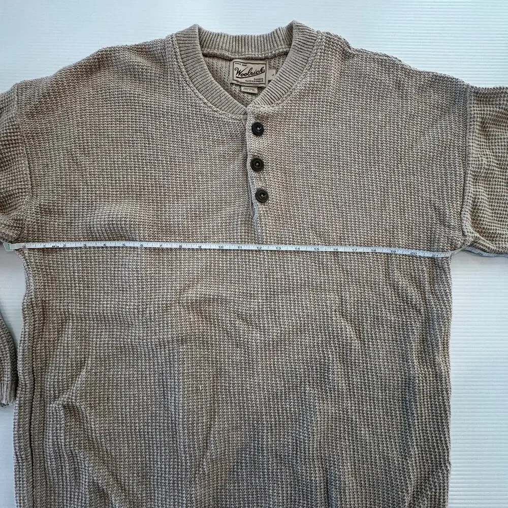Woolrich Henley Sweater Men's L Oatmeal Beige Waffle Knit Thermal Cotton Cozy